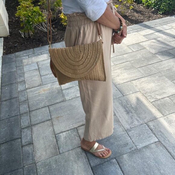 Neiman Marcus Handwoven Khaki Flap Beach Bag with Convertible Strap - Picture 5 of 5